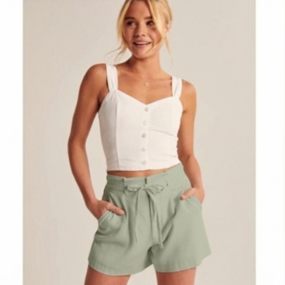 Abercrombie & Fitch Women's Tie Waist Linen Blend Green High Waist Short Size L